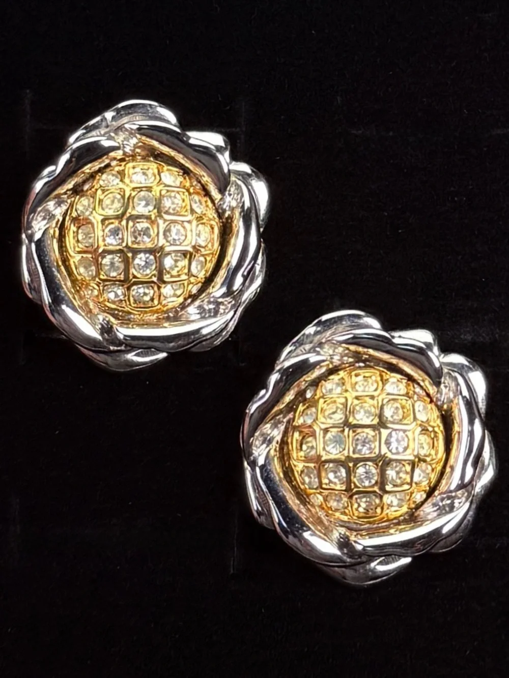 Vintage Nolan Miller, goldtone and silvertone weighted flower clip on earrings